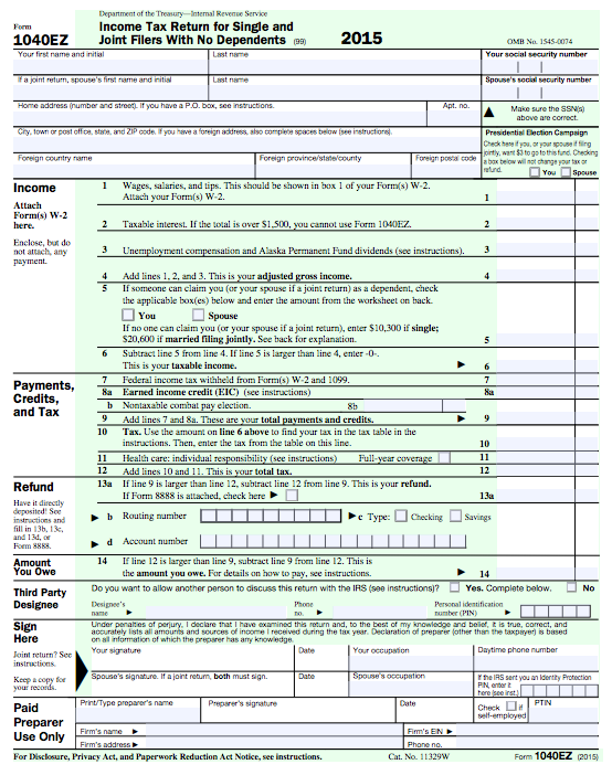 Printable Form 1040Ez